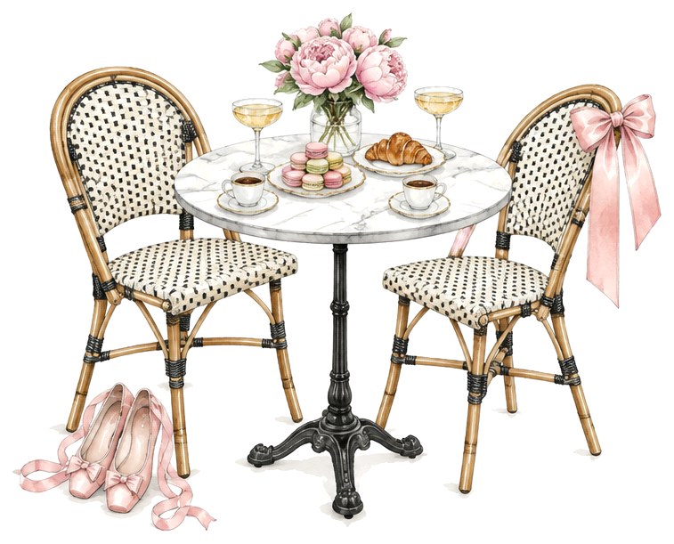 A little Paris cafe table set for two, with ballet flats tucked beside a chair